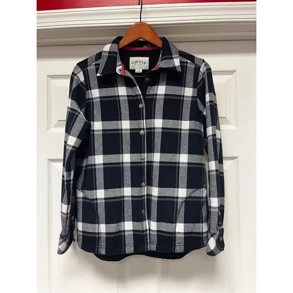Orvis Black & White Buffalo Check Fleece Lined Snap Shacket Jacket Shirt sz M EU